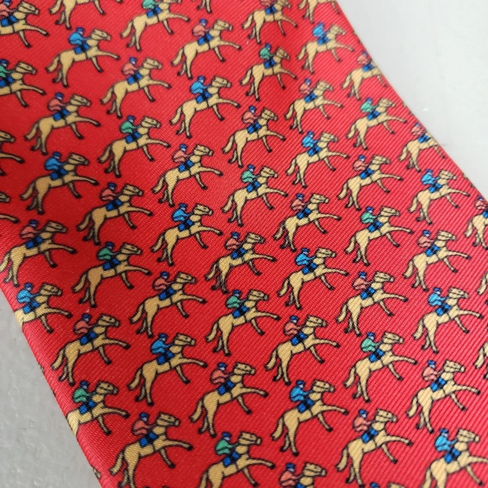 Red Silk Equestrian Necktie Horse & Jockey Pattern Classic Men's Tie 62x3.25